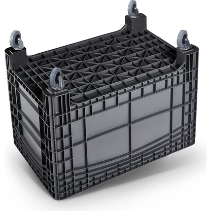 Pallet box, capacity 535 l, 4 swivel castors, 2 with wheel stops, black.