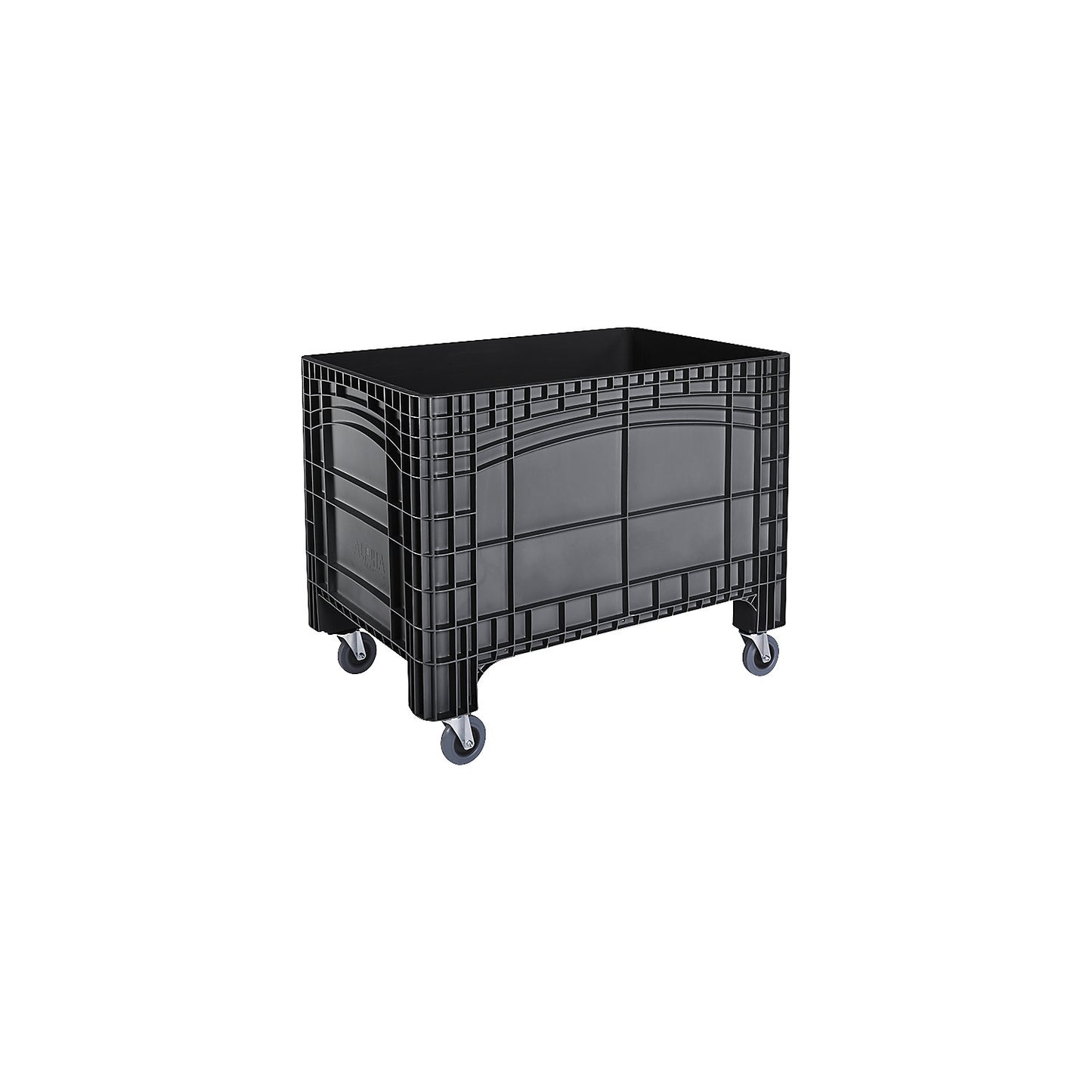 Pallet box, capacity 535 l, 4 swivel castors, 2 with wheel stops, black.