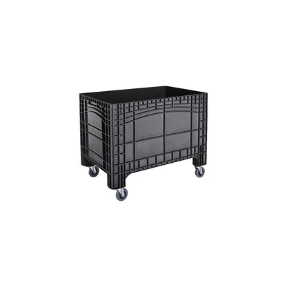 Pallet box, capacity 535 l, 4 swivel castors, 2 with wheel stops, black.