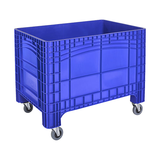 Pallet box, capacity 535 l, 4 swivel castors, blue.
