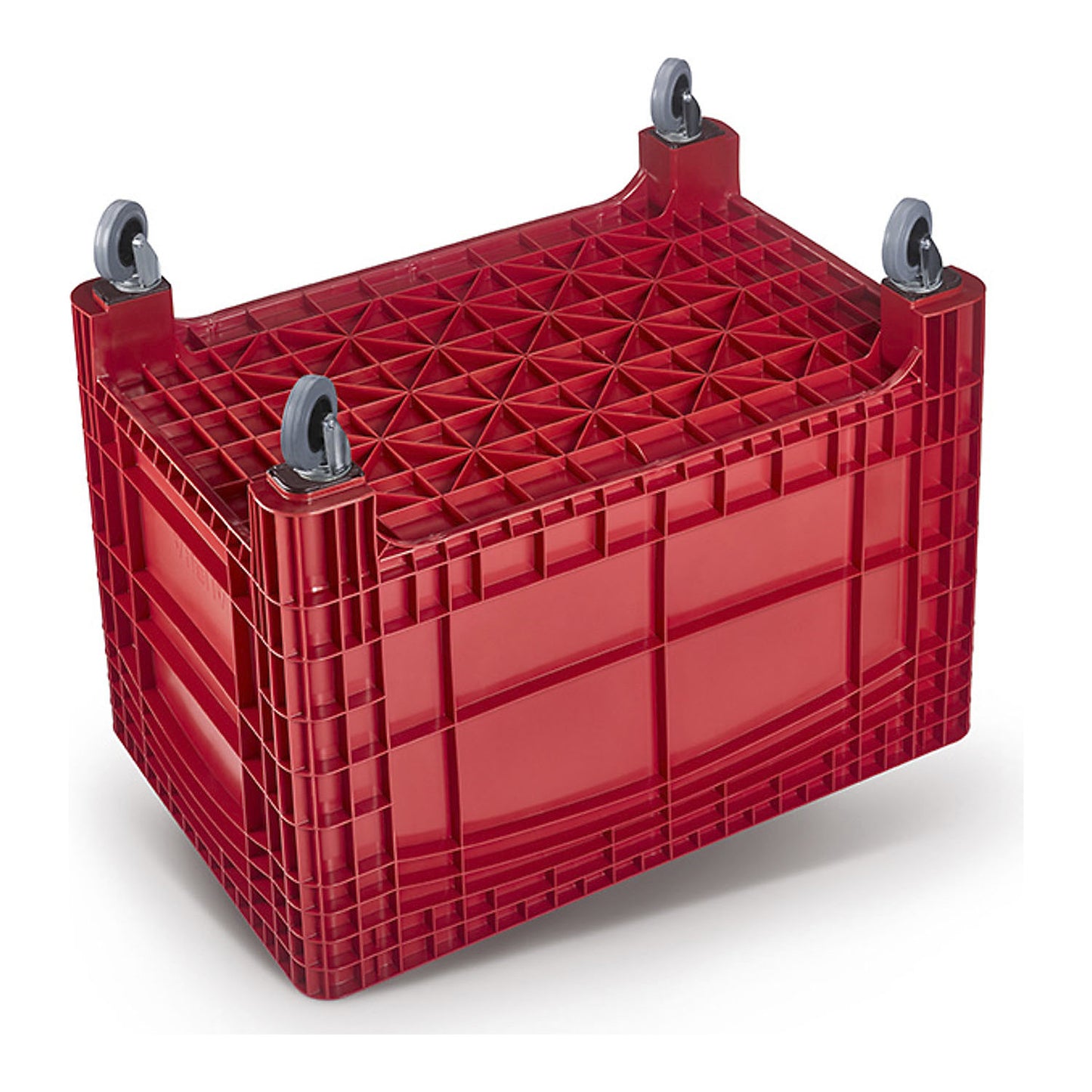 Pallet box, capacity 535 l, 4 swivel castors, red.