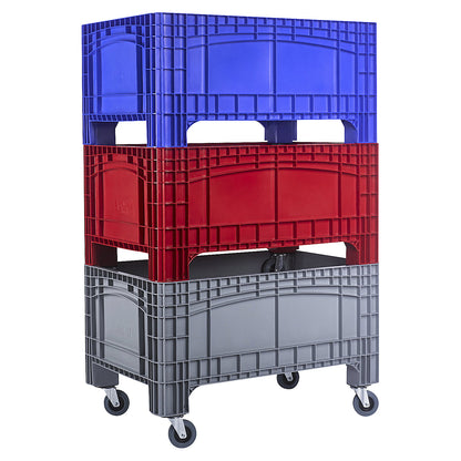 Pallet box, capacity 354 l, 4 swivel castors, 2 with wheel stops, blue.