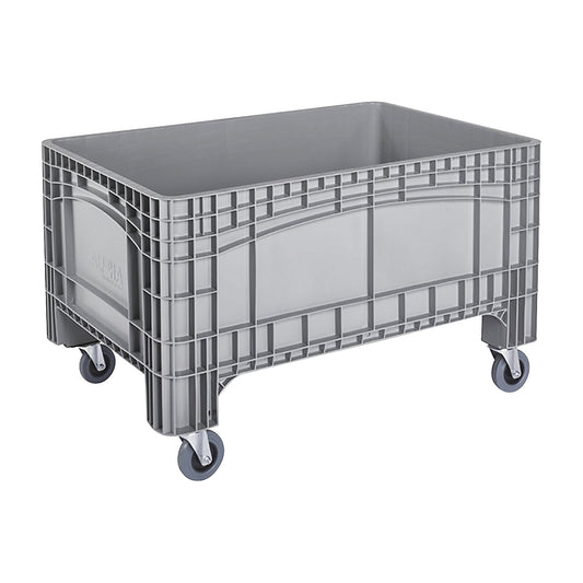 Pallet box, capacity 354 l, 4 swivel castors, 2 with wheel stops, grey.