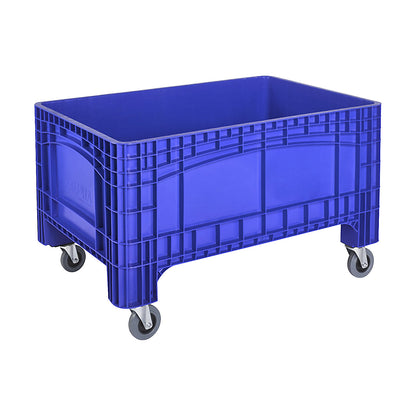 Pallet box, capacity 354 l, 4 swivel castors, 2 with wheel stops, blue.