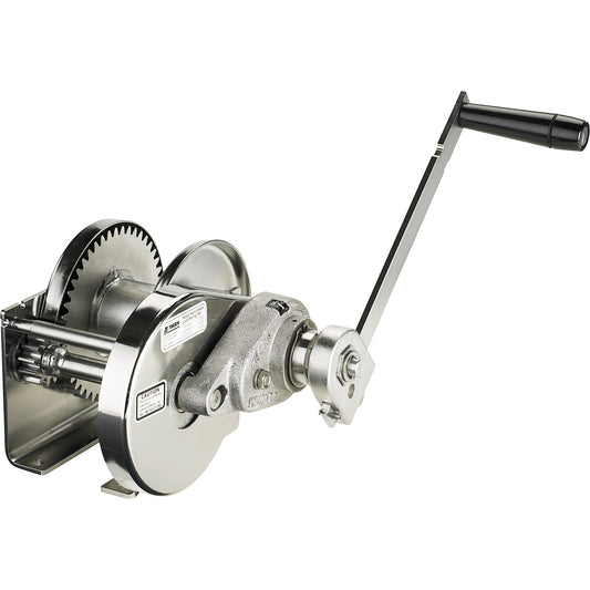 Manual wire rope winch with spur gear transmission, max. lifting load 900 kg, stainless steel.