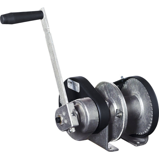 Manual wire rope winch with spur gear transmission, max. lifting load 900 kg, steel, electrolytically zinc plated.