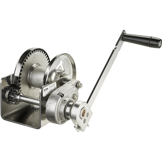 Manual wire rope winch with spur gear transmission, max. lifting load 450 kg, stainless steel.