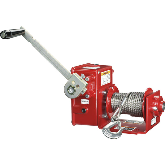 Manual wire rope winch with worm gears, max. lifting load 900 kg, steel, cast aluminium.
