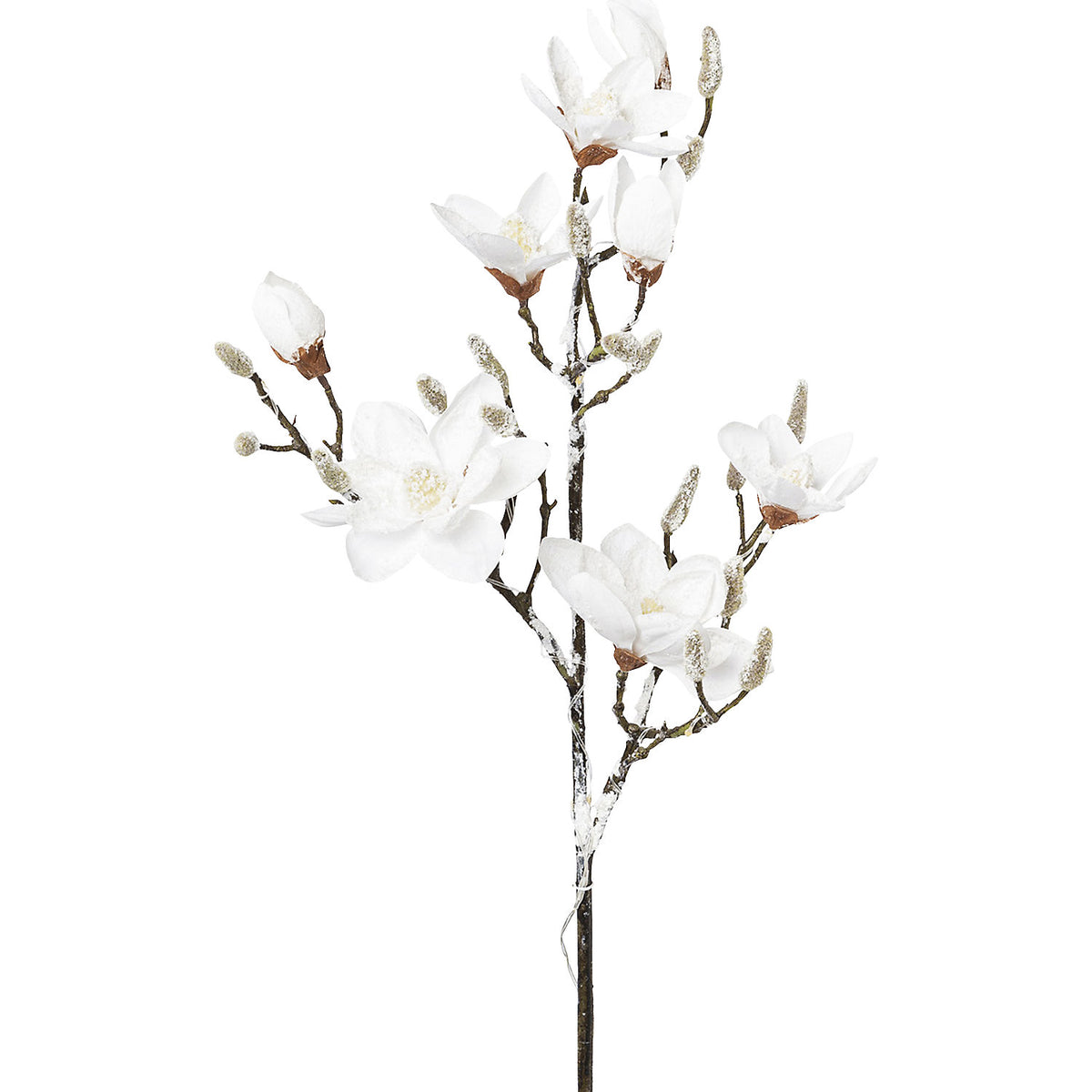 Magnolia, snow covered, with 15 LEDs, pack of 2, overall height 1150 mm.