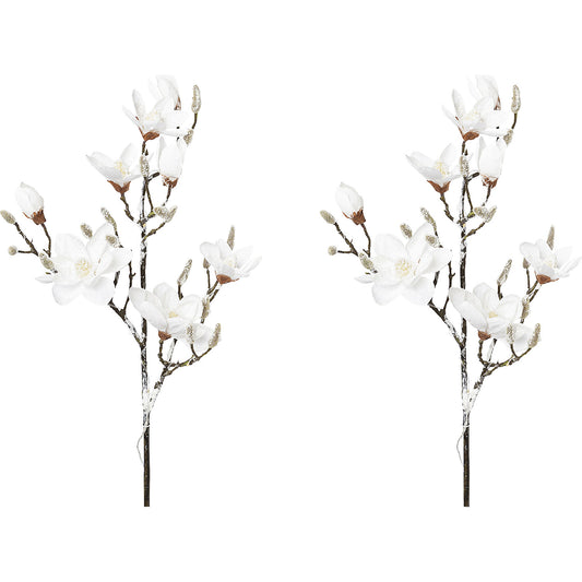 Magnolia, snow covered, with 15 LEDs, pack of 2, overall height 1150 mm.