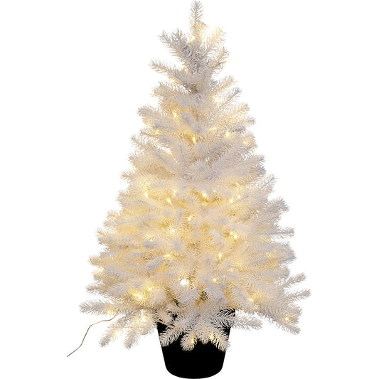 Artificial fir tree in pot, white, with 100 lights, overall height 900 mm.