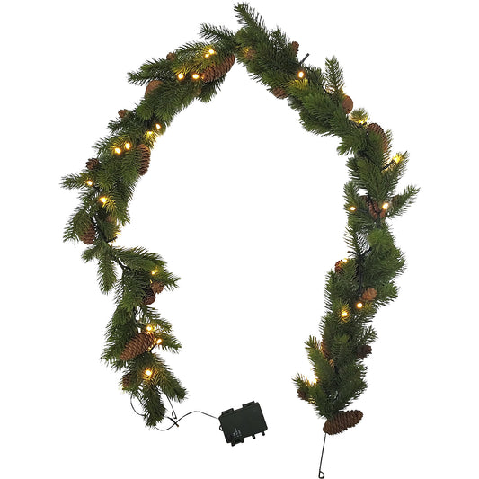 Artificial spruce garland with cones, with 40 LEDs, battery compartment, length 1800 mm.