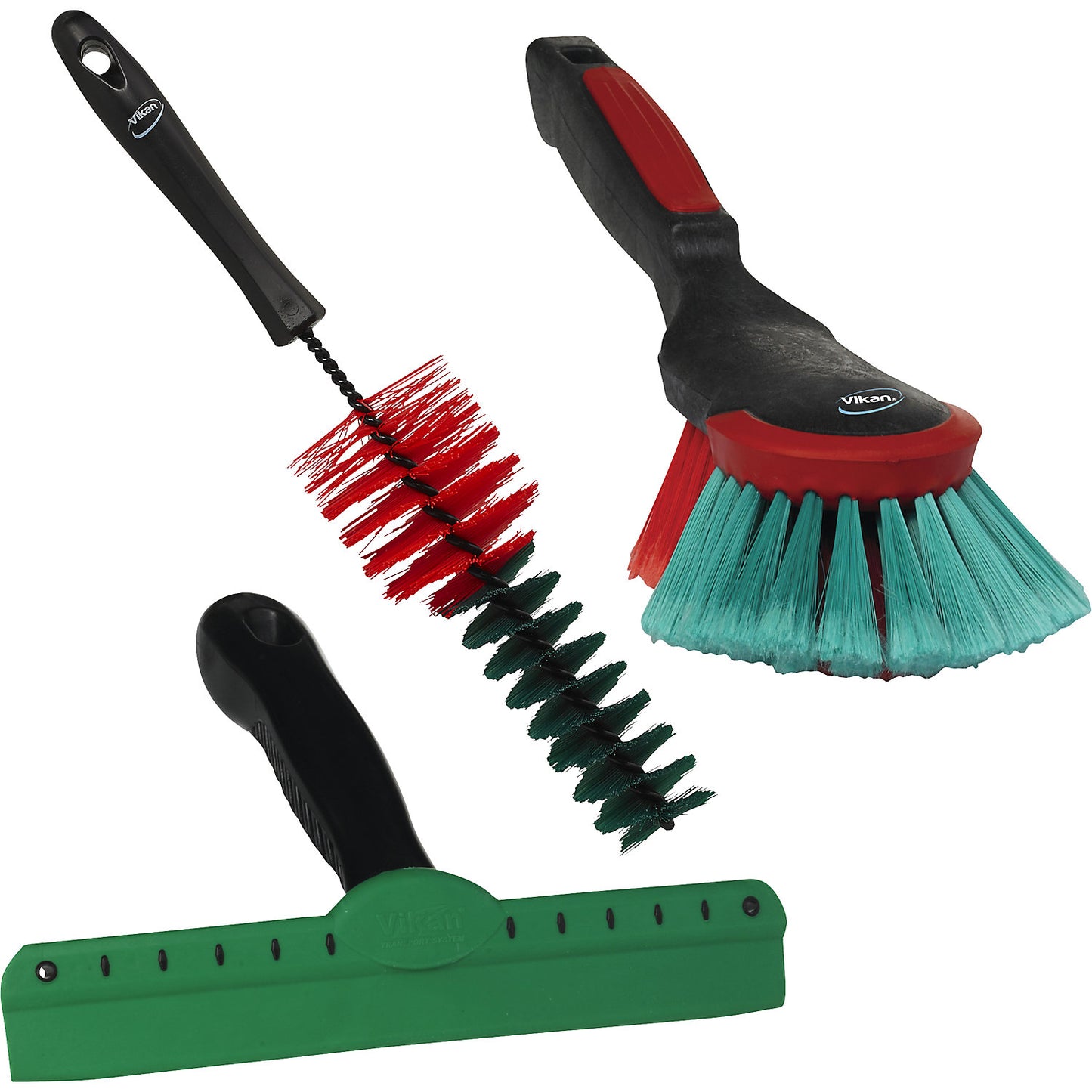Vehicle cleaning kit, 2 brushes and 1 squeegee, pack of 6, black.