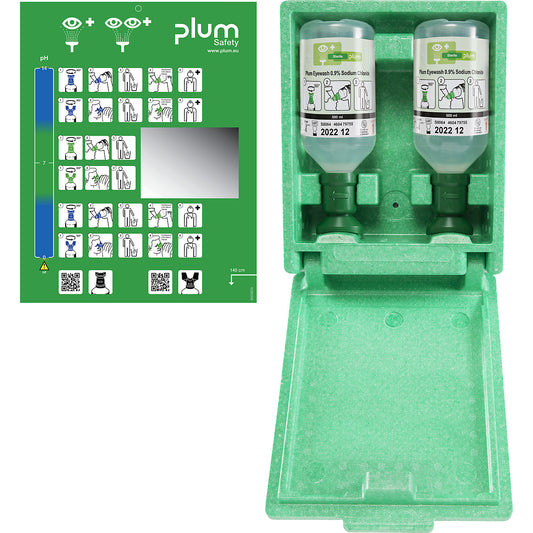 Emergency wall box with eye wash bottles, 2 x 500 ml 0.9% NaCl, sterile.