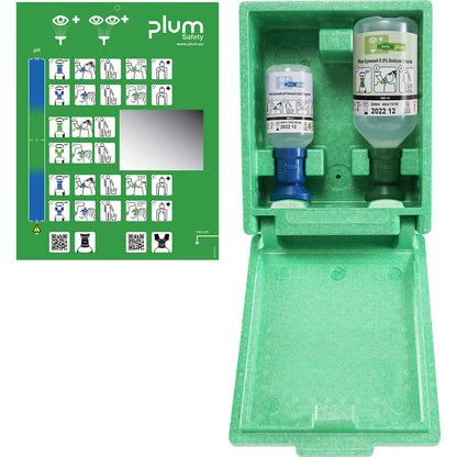 Emergency wall box with eye wash bottles, 500 ml 0.9% NaCl, 200 ml pH-neutral, sterile.