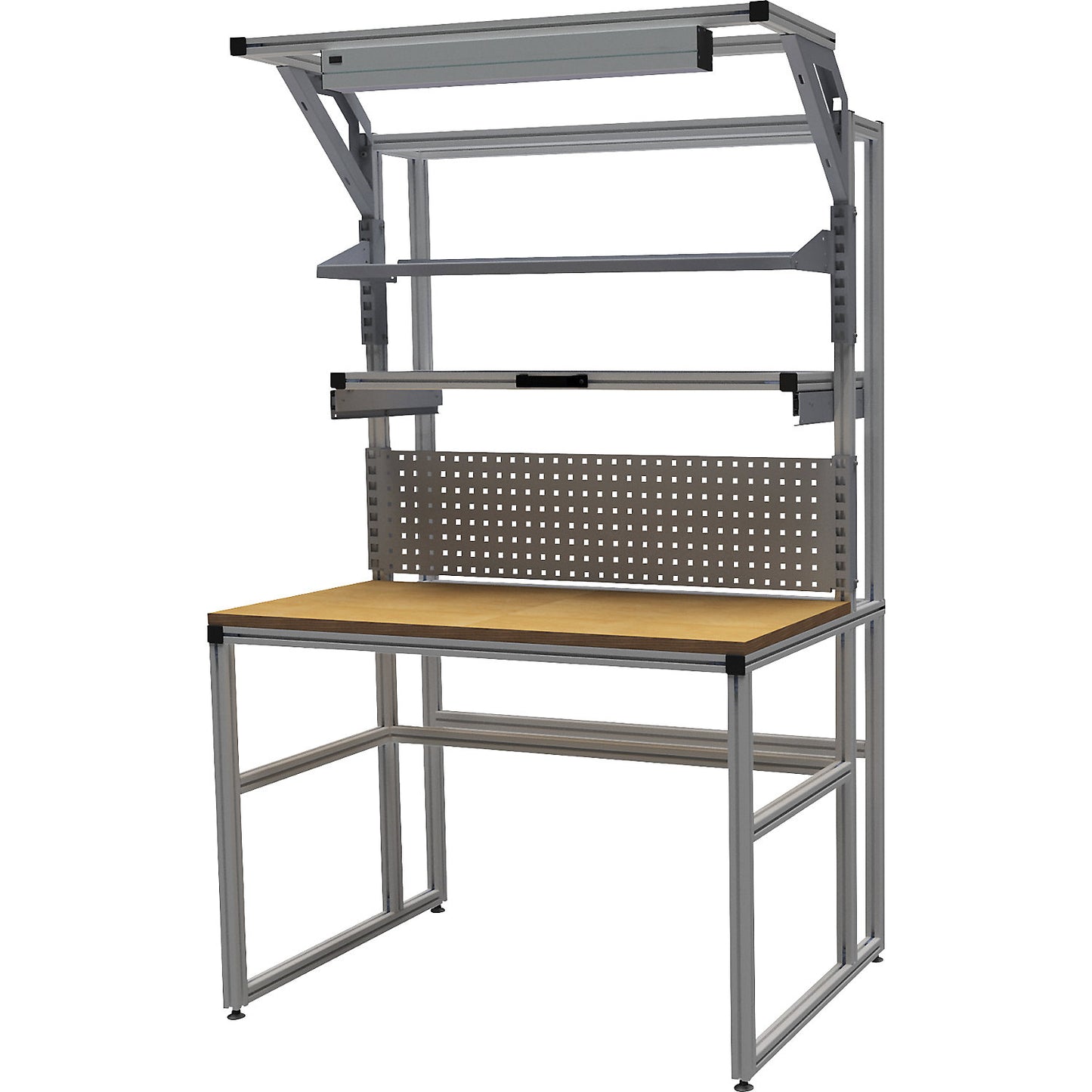 workalu® aluminium workbench with modular system, one sided, perforated panel and workplace lamp, worktop width 1250 mm.