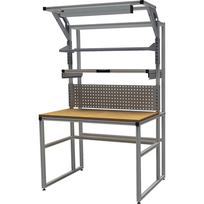 workalu® aluminium workbench with modular system, one sided, perforated panel and workplace lamp, worktop width 1250 mm.