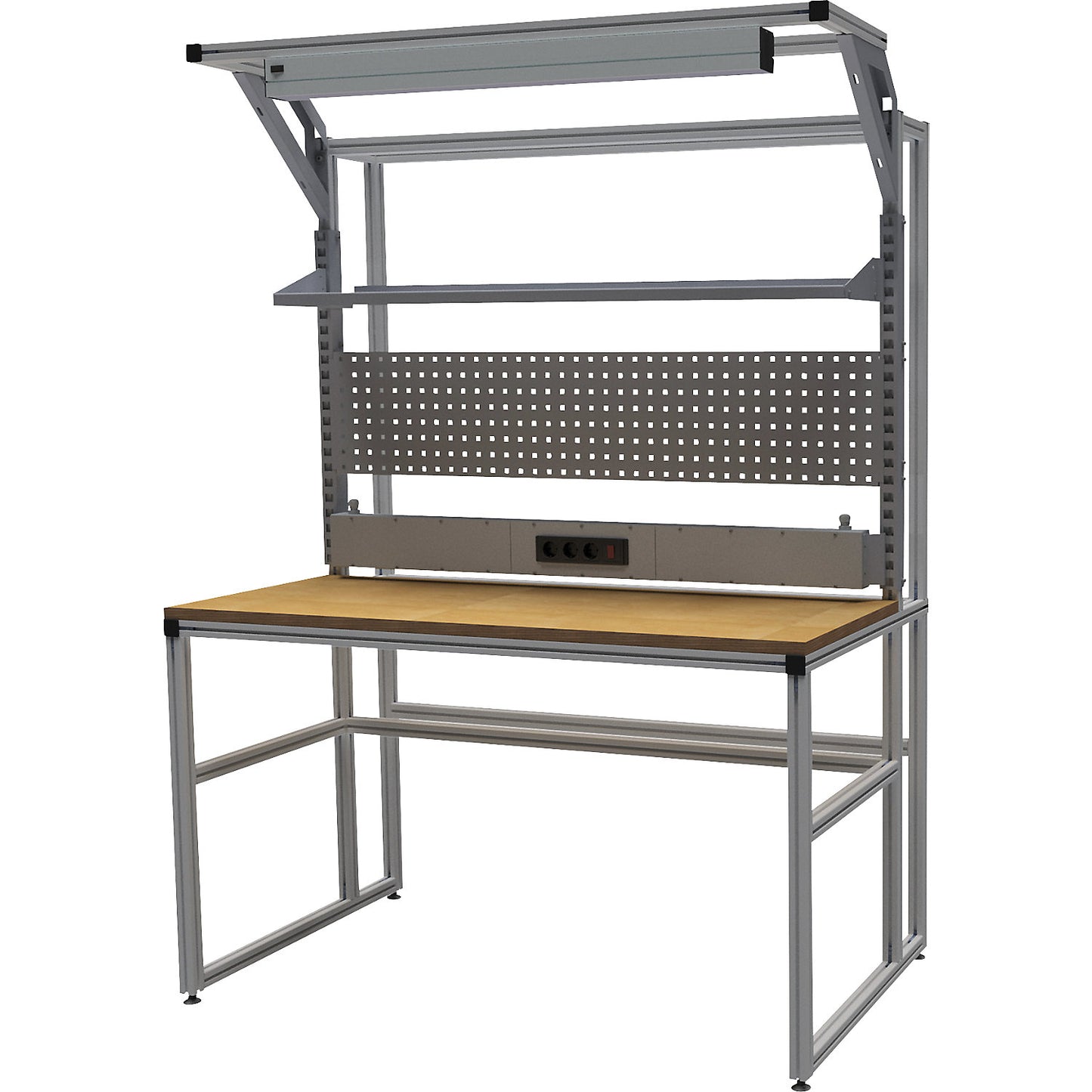 workalu® aluminium workbench with modular system, one sided, perforated panel, power strip, workplace lamp, worktop width 1500 mm.