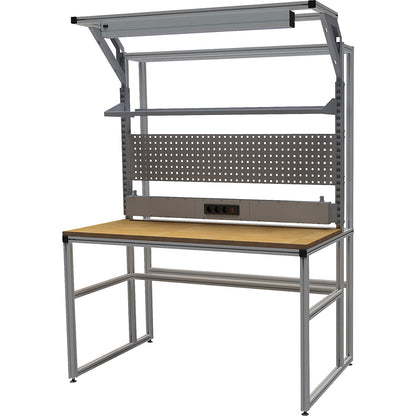 workalu® aluminium workbench with modular system, one sided, perforated panel, power strip, workplace lamp, worktop width 1500 mm.