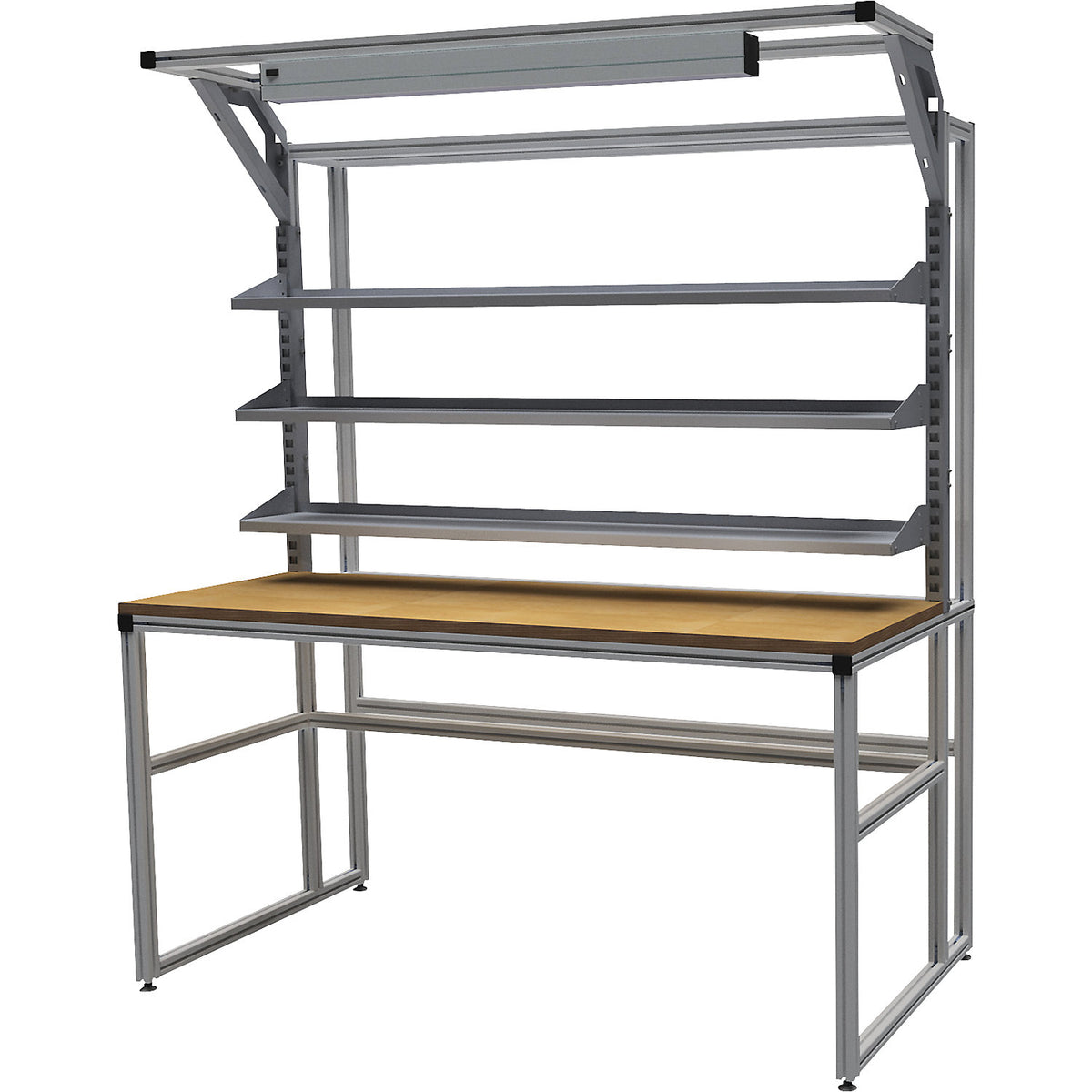 Workalu® work table with modular system, single-sided, 3 shelves and workplace lamp, worktop width 1750 mm.