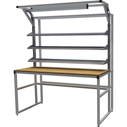 Workalu® work table with modular system, single-sided, 3 shelves and workplace lamp, worktop width 1750 mm.