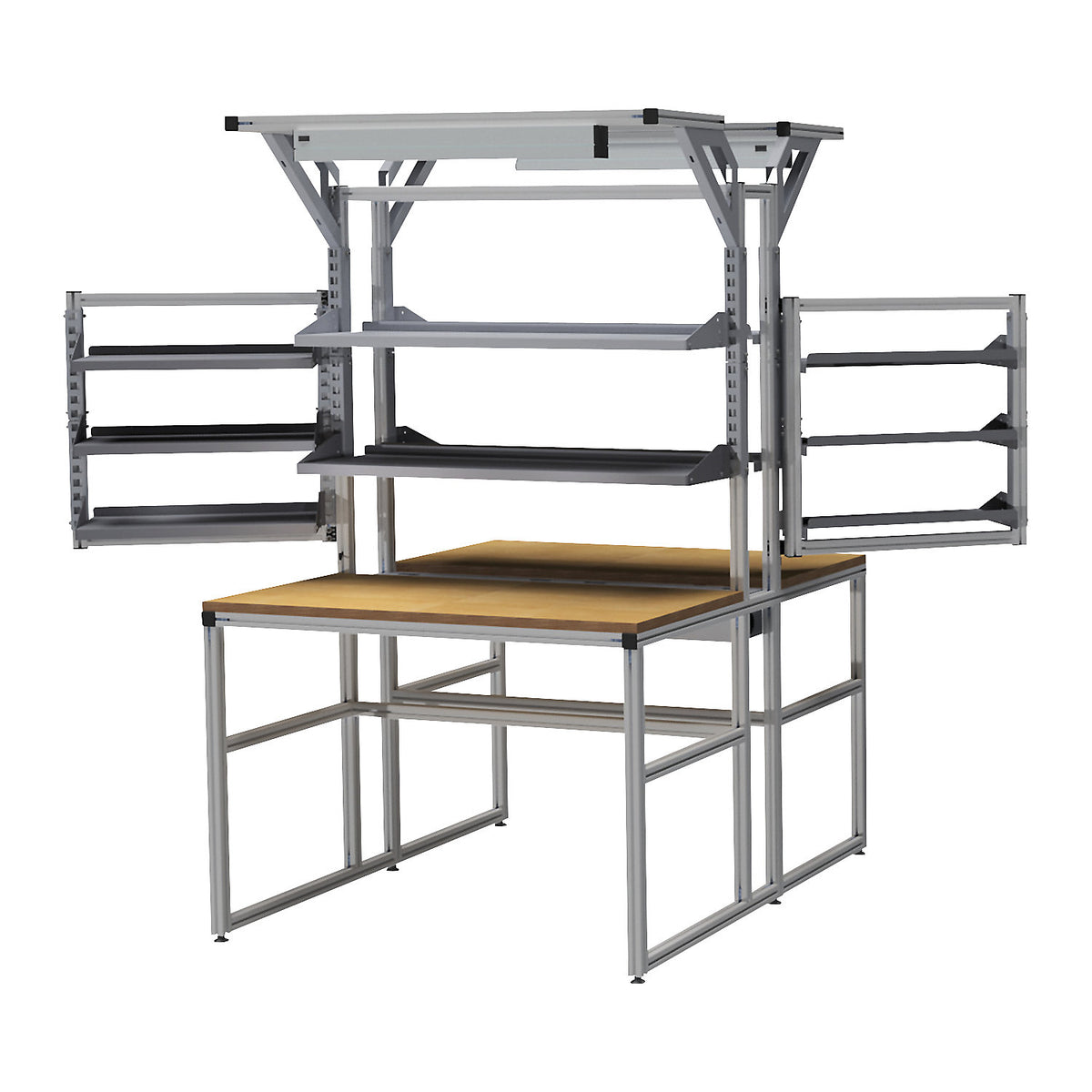 Workalu® work table with modular system, double-sided, 4 shelves, 2 swivel frames, 1 cable tray, 2 workplace lamps, worktop width 1250 mm.