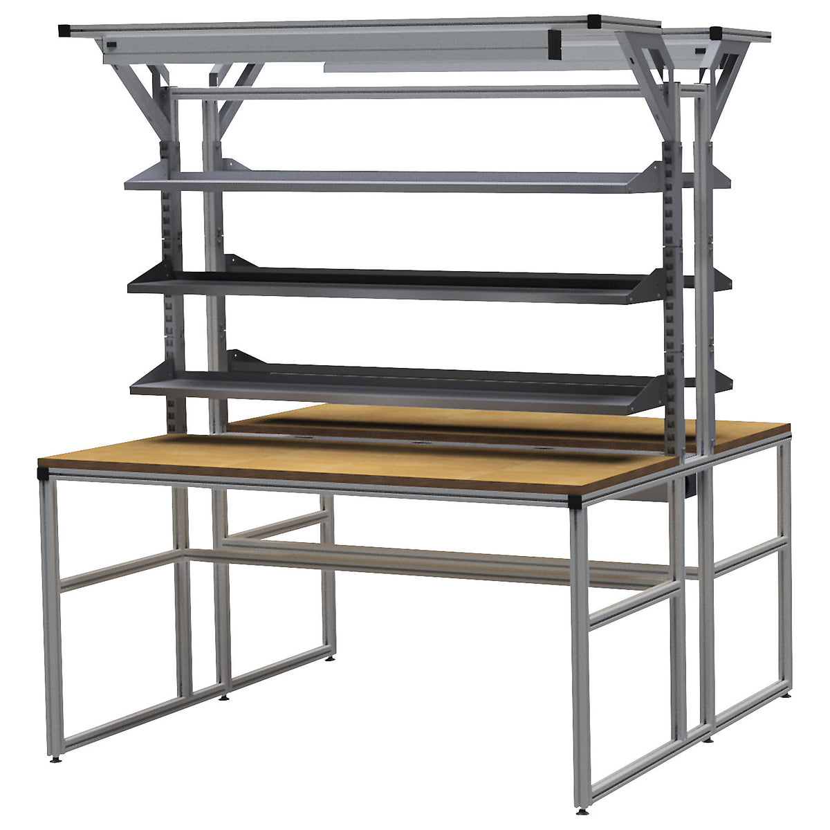 Workalu® work table with modular system, double-sided, 6 shelves, 1 cable tray, 2 workplace lamps, worktop width 1750 mm.