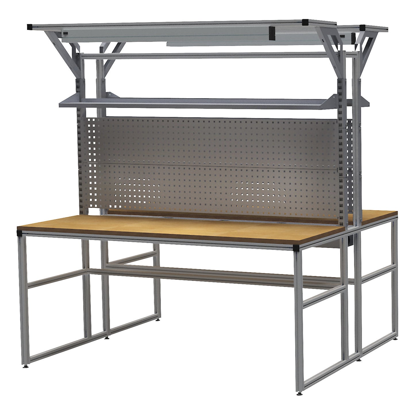 workalu® aluminium workbench with modular system, double sided, 2 shelves, 4 perforated panels, 1 cable tray, 2 workplace lamps, worktop width 1950 mm.
