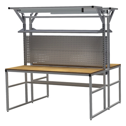 workalu® aluminium workbench with modular system, double sided, 2 shelves, 4 perforated panels, 1 cable tray, 2 workplace lamps, worktop width 1950 mm.