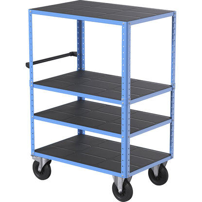 CustomLine shelf truck, open on 4 sides, 4 shelves, light blue RAL 5012, solid rubber.