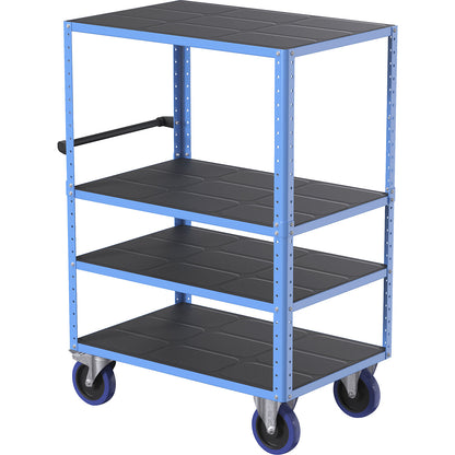 CustomLine shelf truck, open on 4 sides, 4 shelves, light blue RAL 5012, fully elastic.