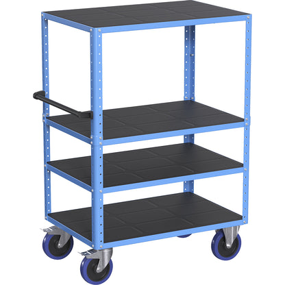 CustomLine shelf truck, open on 4 sides, 4 shelves, light blue RAL 5012, fully elastic.