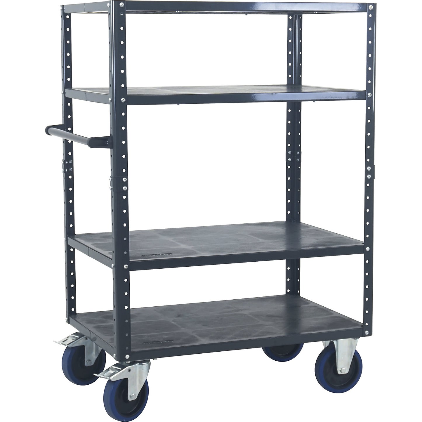 CustomLine shelf truck, open on 4 sides, 4 shelves, charcoal RAL 7016, fully elastic.