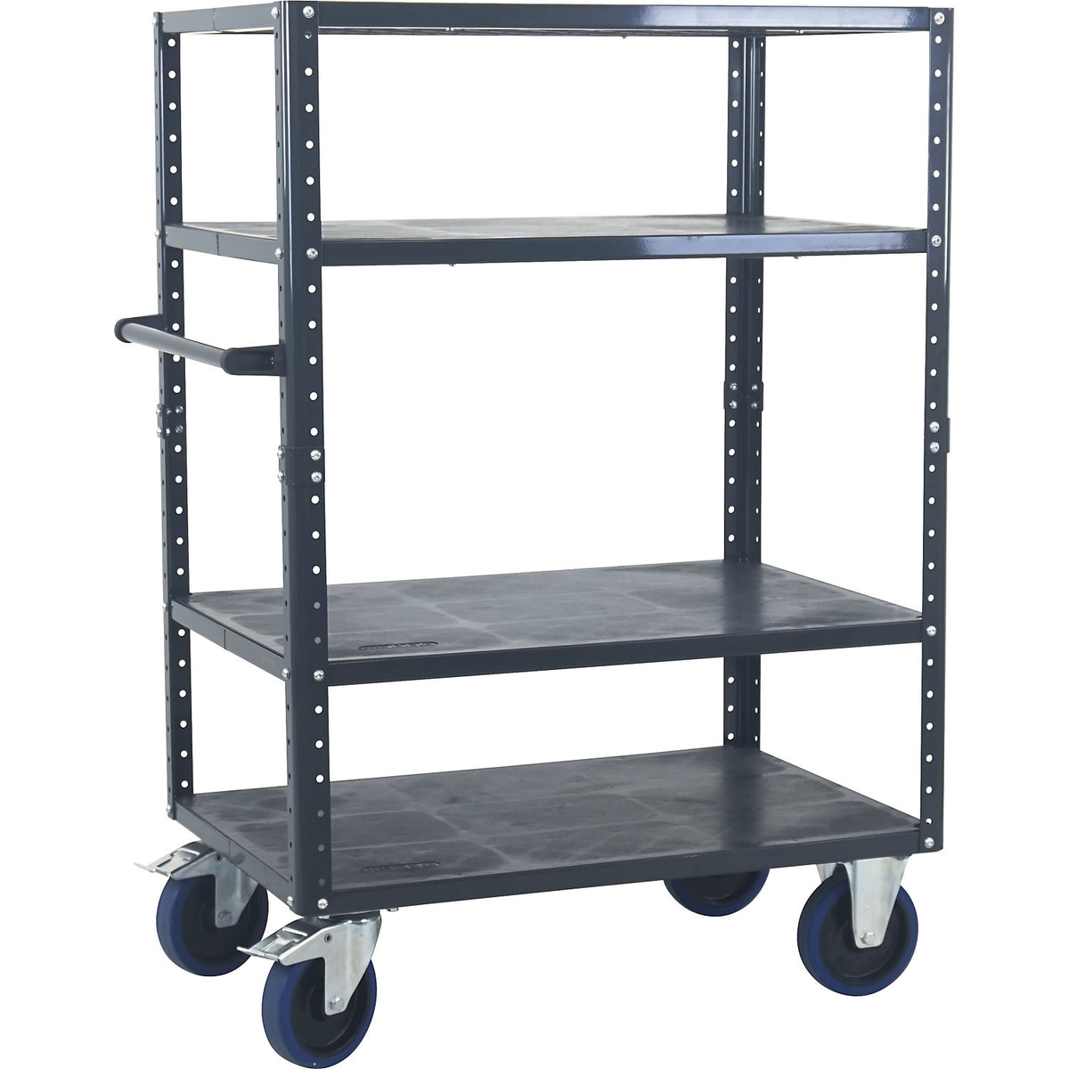 CustomLine shelf truck, open on 4 sides, 4 shelves, charcoal RAL 7016, fully elastic.