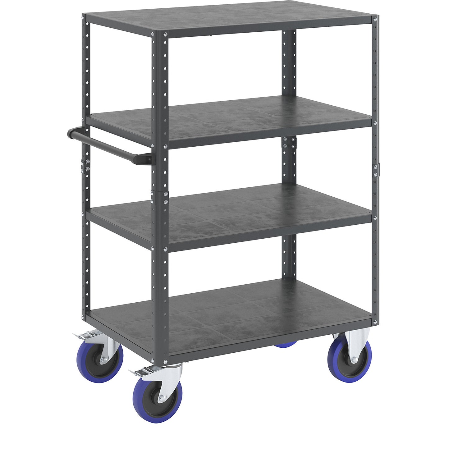 CustomLine shelf truck, open on 4 sides, 4 shelves, charcoal RAL 7016, fully elastic.