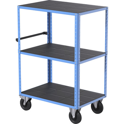 CustomLine shelf truck, open on 4 sides, 3 shelves, light blue RAL 5012, solid rubber.