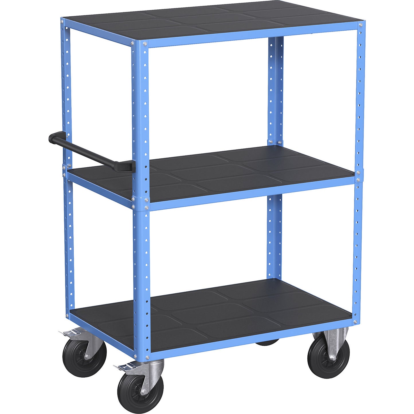 CustomLine shelf truck, open on 4 sides, 3 shelves, light blue RAL 5012, solid rubber.