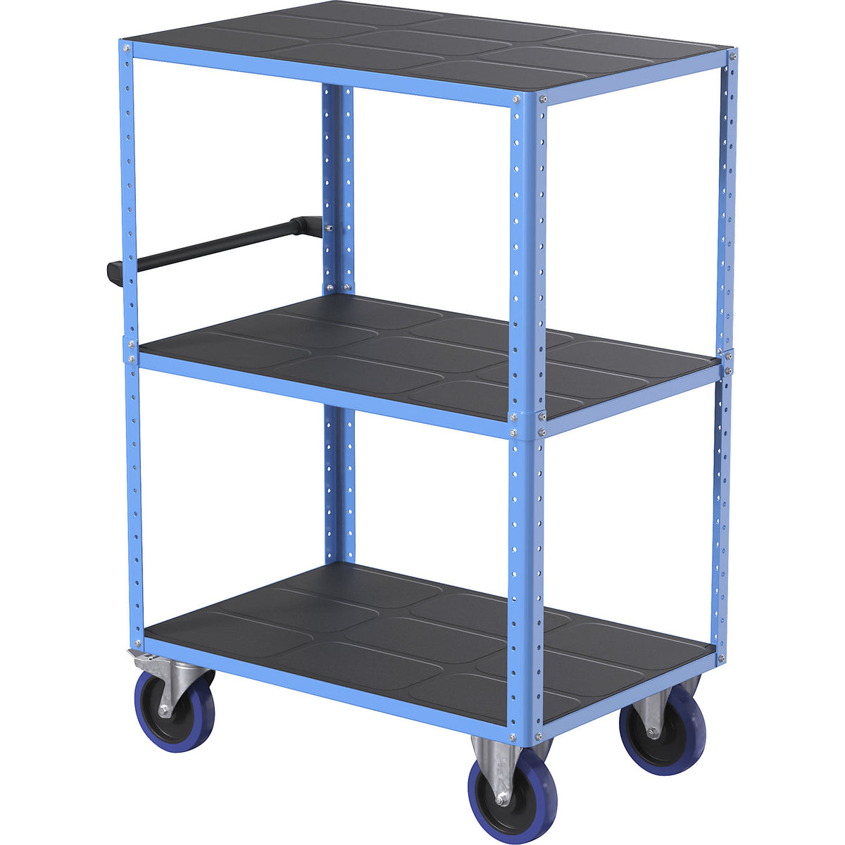 CustomLine shelf truck, open on 4 sides, 3 shelves, light blue RAL 5012, fully elastic.