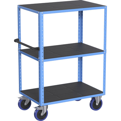 CustomLine shelf truck, open on 4 sides, 3 shelves, light blue RAL 5012, fully elastic.