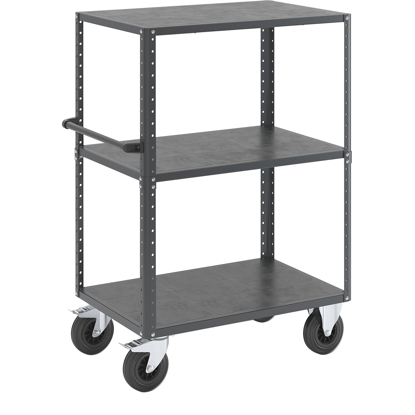 CustomLine shelf truck, open on 4 sides, 3 shelves, charcoal RAL 7016, solid rubber.
