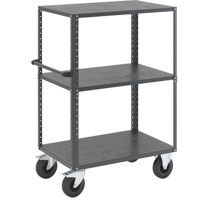 CustomLine shelf truck, open on 4 sides, 3 shelves, charcoal RAL 7016, solid rubber.