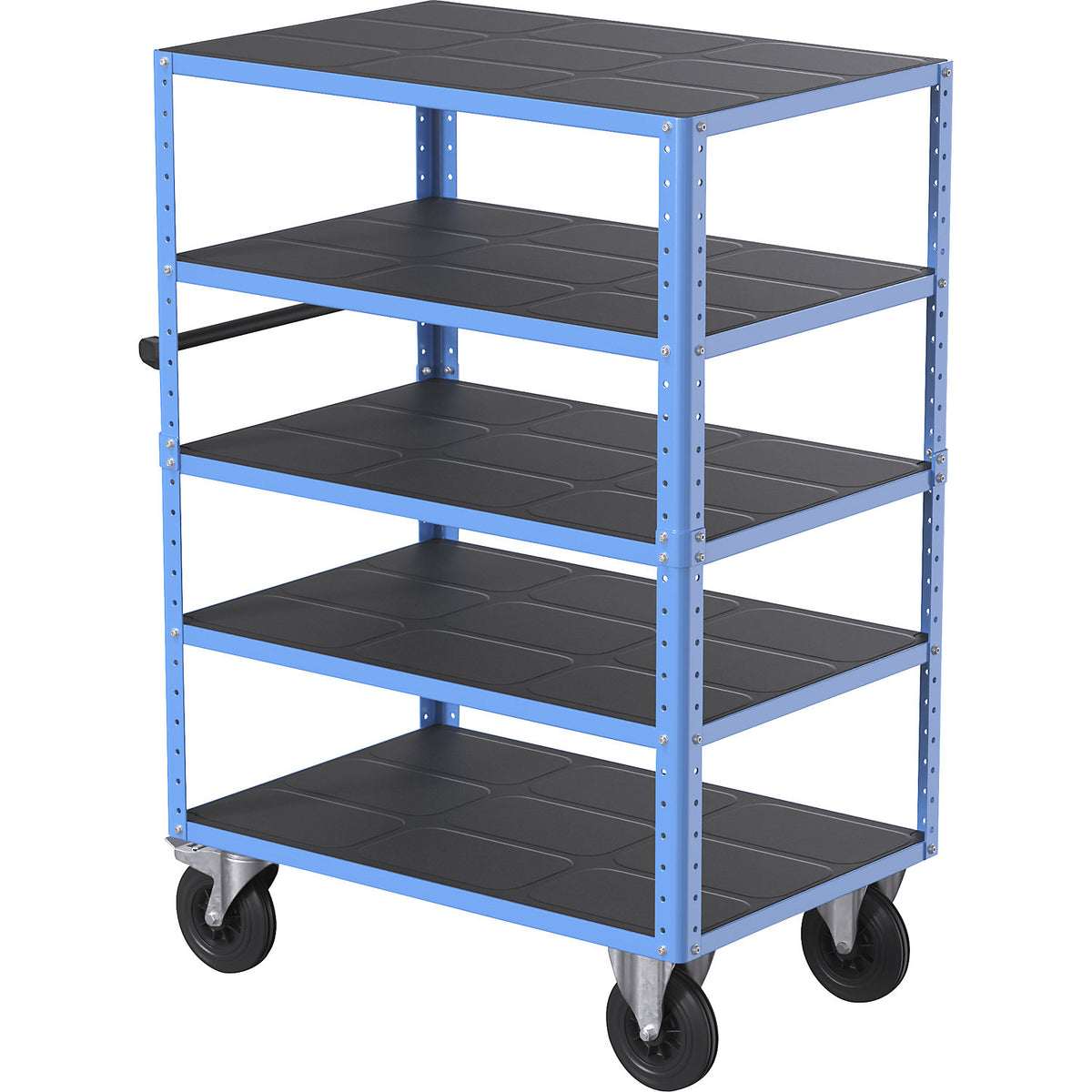 CustomLine shelf truck, open on 4 sides, 5 shelves, light blue RAL 5012, solid rubber.