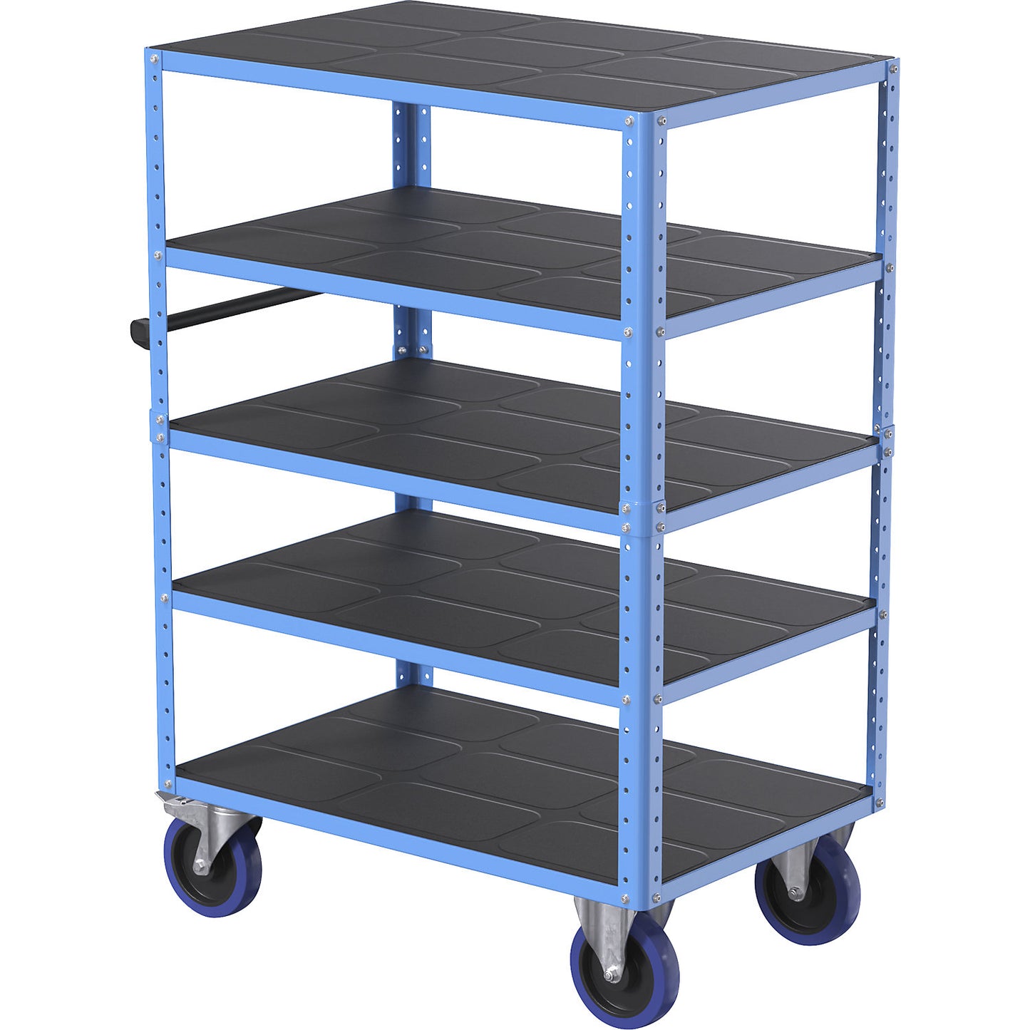 CustomLine shelf truck, open on 4 sides, 5 shelves, light blue RAL 5012, fully elastic.