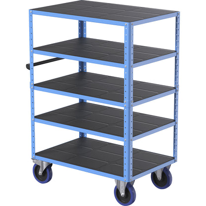 CustomLine shelf truck, open on 4 sides, 5 shelves, light blue RAL 5012, fully elastic.