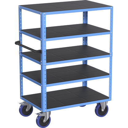 CustomLine shelf truck, open on 4 sides, 5 shelves, light blue RAL 5012, fully elastic.