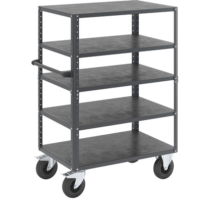 CustomLine shelf truck, open on 4 sides, 5 shelves, charcoal RAL 7016, solid rubber.