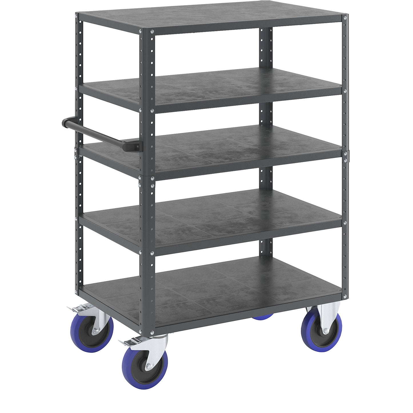 CustomLine shelf truck, open on 4 sides, 5 shelves, charcoal RAL 7016, fully elastic.