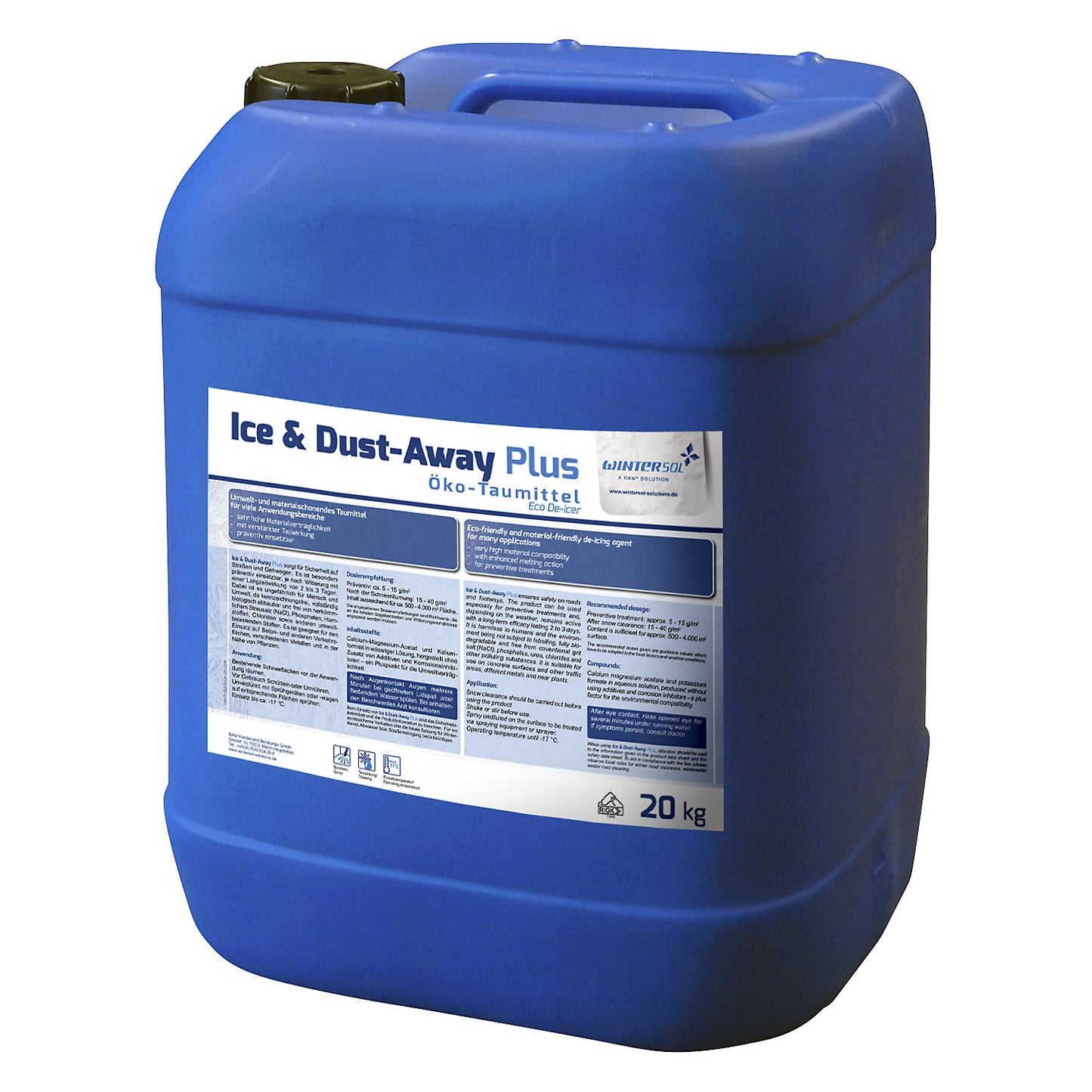 Eco-friendly liquid de-icing agent, de-icing effective down to -17 °C, pack, 20 kg canister, pack of 12.