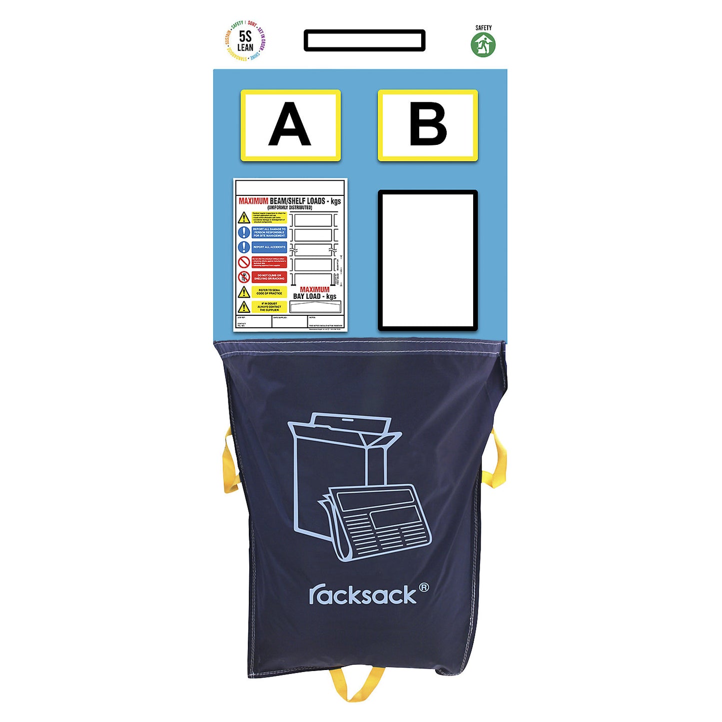 Modular rack end shadow board, with Racksack waste sack, HxW 2000 x 900 mm, blue.