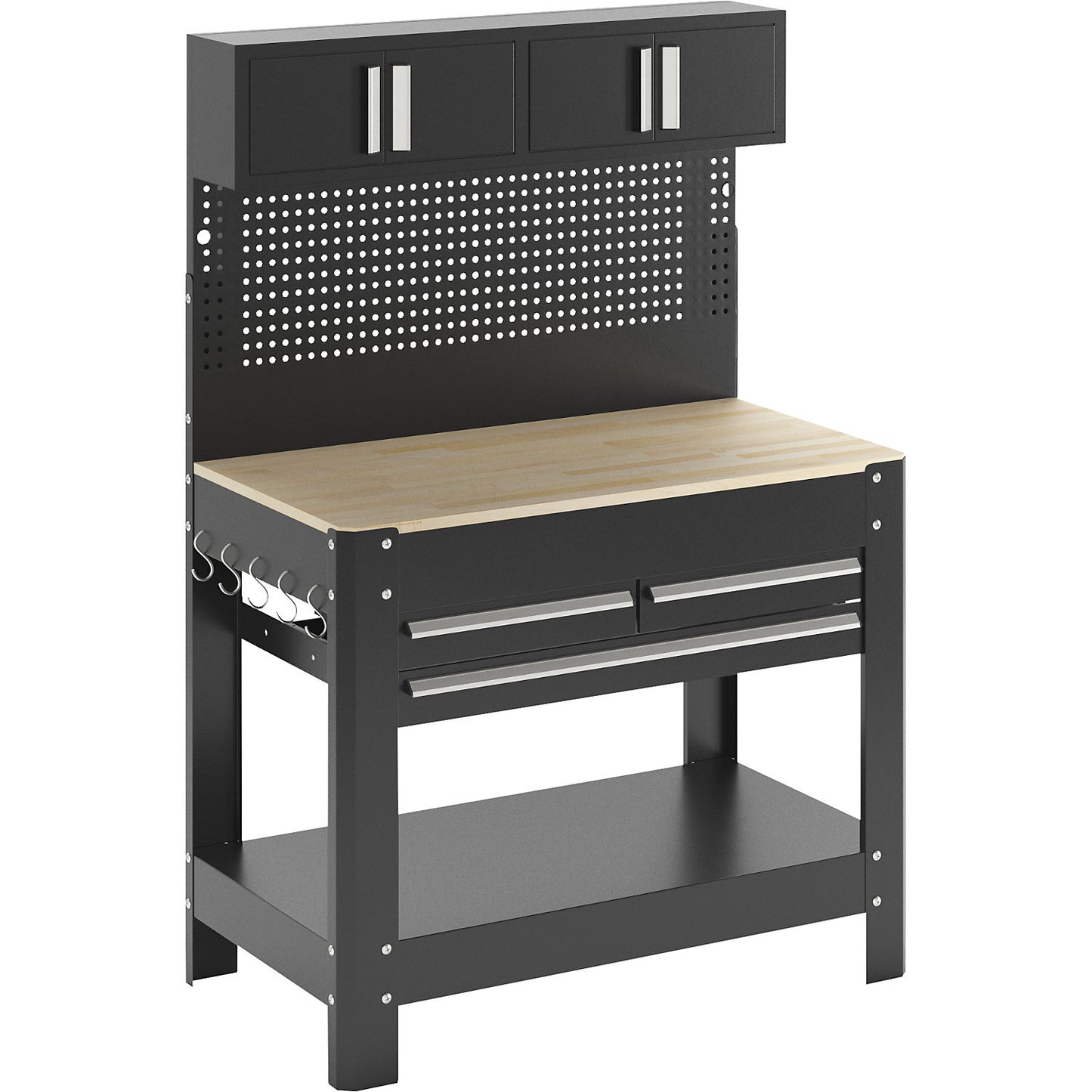 Workbench with perforated rear panel, 3 drawers, 2 cupboards, width 1140 mm.